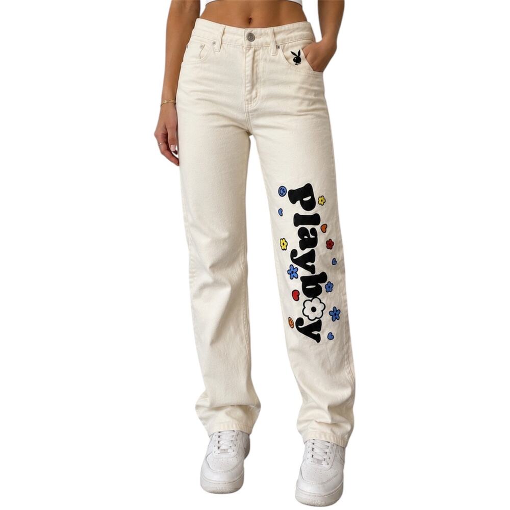 Playboy x PacSun Cream Graphic‎ Straight Leg Jeans Floral Y2K Aesthetic Size 26